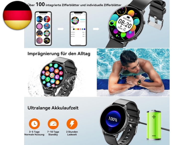 TRAUSI Smartwatch Für Damen & Herren – 1,8 Zoll HD, 120 Sportmodi, IP67 Wasserdicht, Mit Bluetooth-Anruf & Gesundheits-Tracking